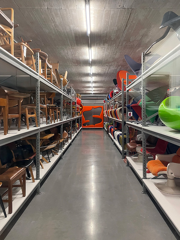 Looking into the Vitra Schaudepot bunker with a Verner Panton living tower at the end