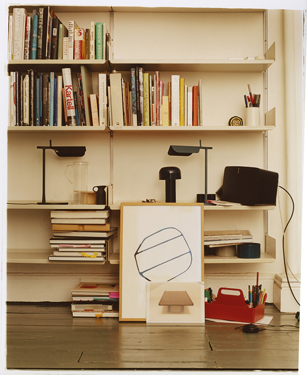Shelves in BarberOsgerby's studio, with the Bellhop and Tab lamps