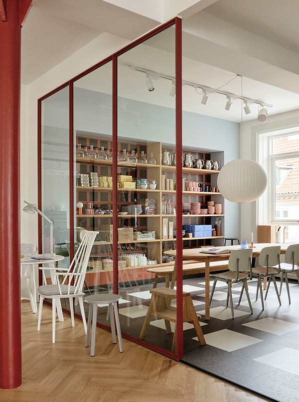 Inside the HAY house with red framed windows