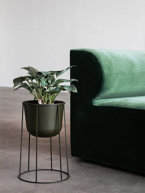 Olive colour Menu Wire Plant Pot next to green sofa