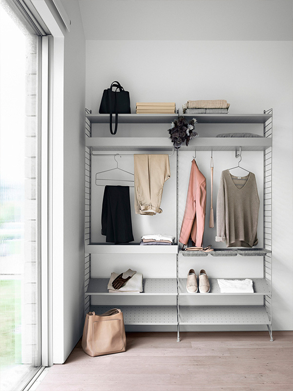 String Bedroom Shelving System Grey in use