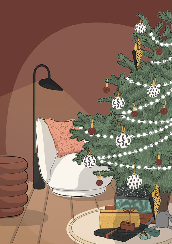 illustration of the Ferm Living Rico lounge chair and Christmas tree