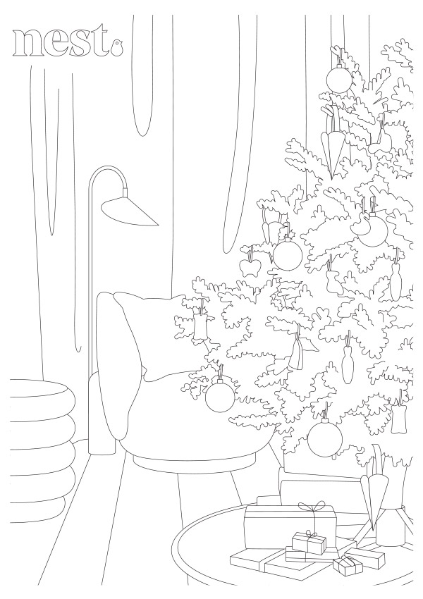 line drawing of the Ferm Living rico lounge chair and Christmas tree