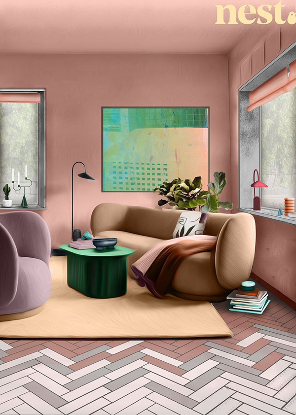 Digital painting of a pink Scandinavian living room