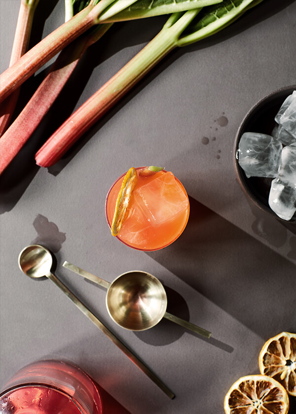 A shot from above of the ingredients within the Ripple Rhapsody cocktail