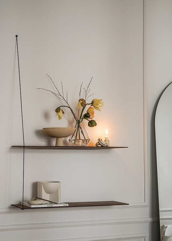 Woud Stedge Shelf accessorised with flowers and a candle