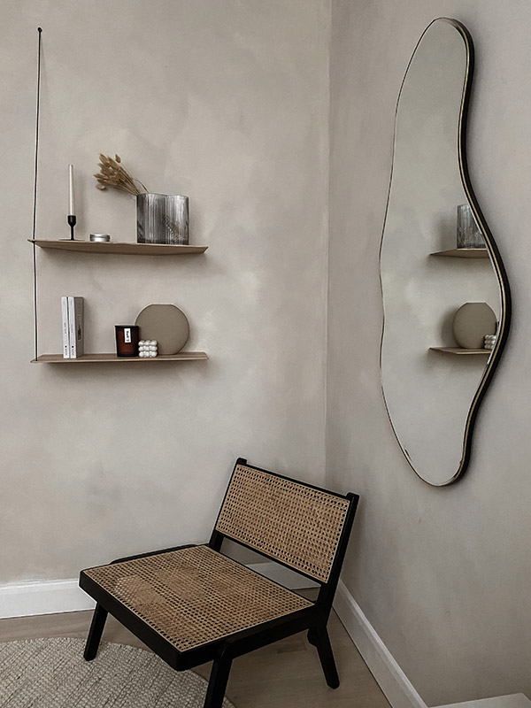Woud Stedge Shelf and Ferm Living Pond mirror in a neutral room
