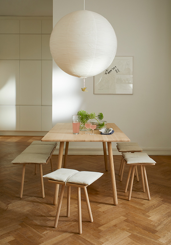 Skagerak Collection Dining Table, Bench and Stools inside a minimal Scandi room