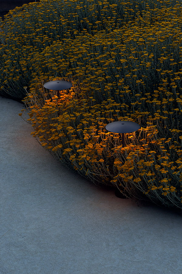 Two black Marset Ginger outdoor floor lamps illuminating a flower bed