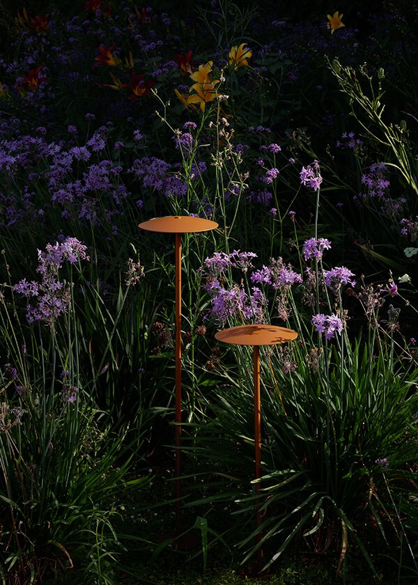 2 Marset Ginger Outdoor Floor lamps in amongst a bed of purple flowers