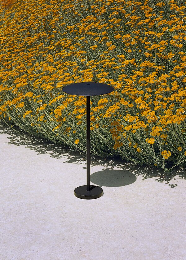 Black Marset Ginger Outdoor Floor Lamp in front of yellow flowers