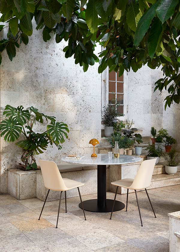 &Tradition VP9 Table Lamp on a marble dining table in a garden