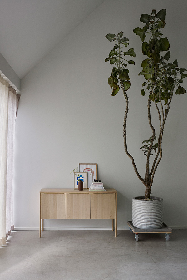 Wooden Skagerak Jut Cabinet next to indoor tree