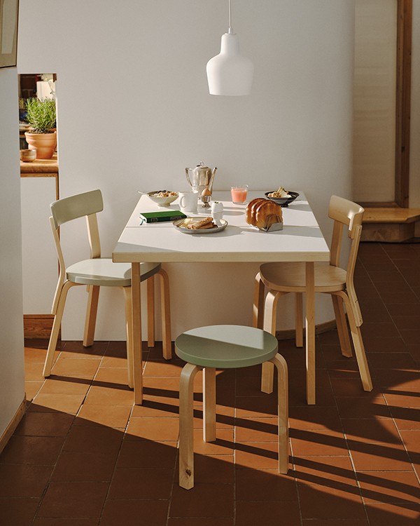 Artek Aalto Foldable Table in a kitchen setting with breakfast items on the table