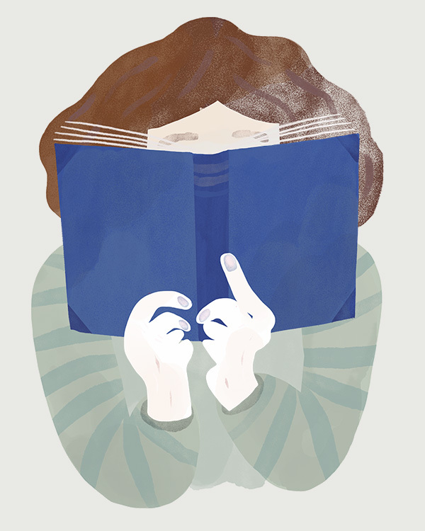 Illustration of a person with brown hair reading a book