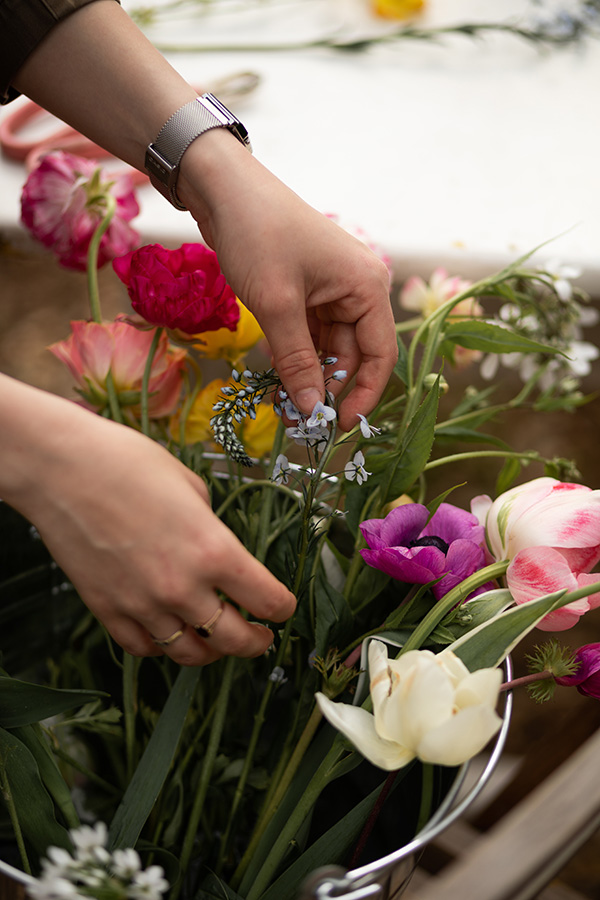 Choosing stems from a bucket of British flowers