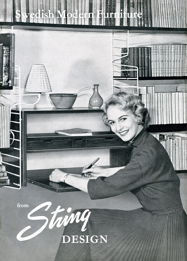 A vintage String print advert of a woman using the String shelving system