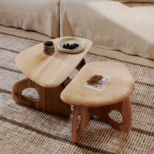 Ferm living Oar coffee Tables, arranged as a pair on jute rug
