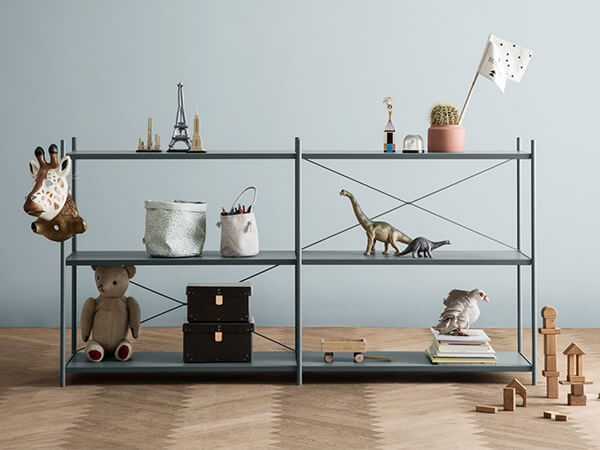 Ferm Living Punctual Shelving System 2x3 in dusty blue with toys