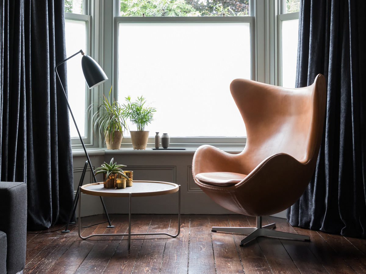 Tan Leather Fritz Hansen Egg Lounge Chair with Gubi Grashoppa Floor Lamp