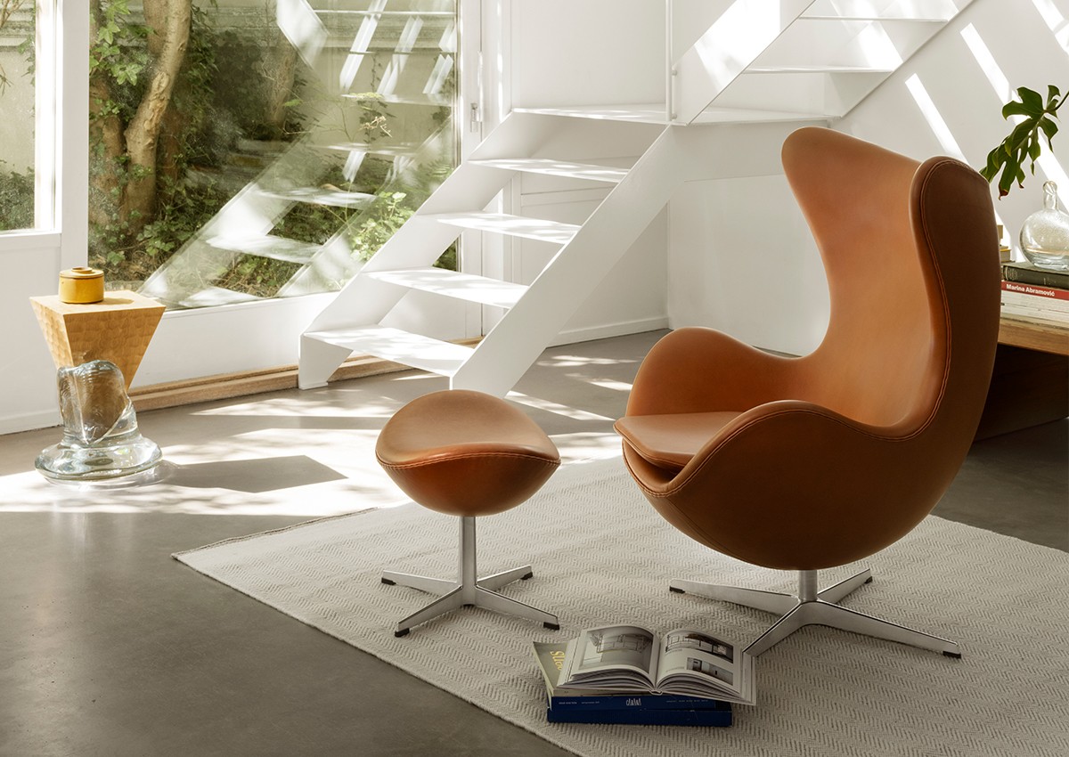 Leather Fritz Hansen Egg Chair in sunny living room setting