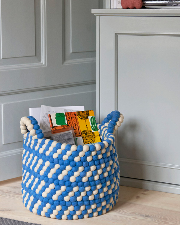 Blue and White HAY Bead Basket with Handles