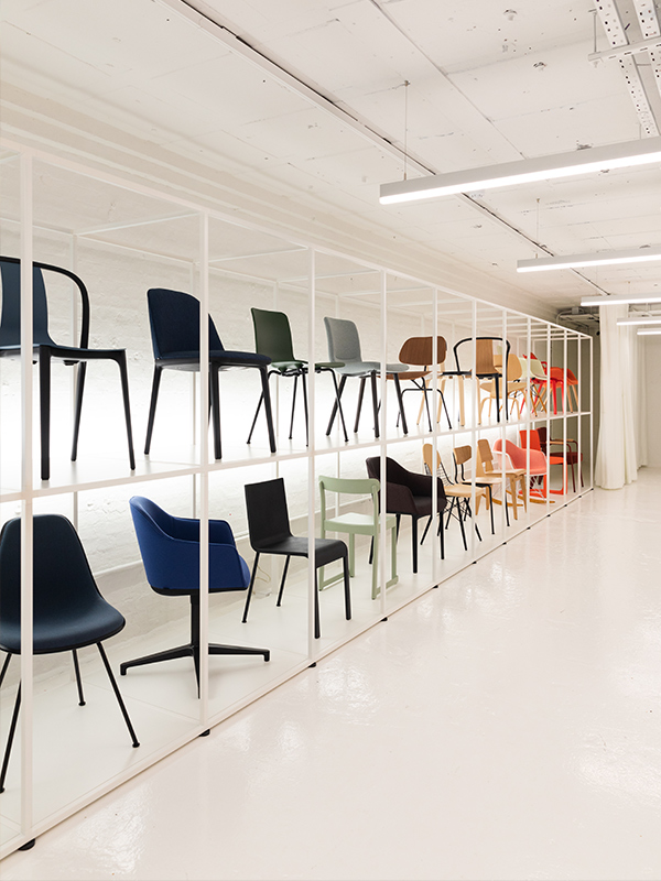 Downstairs gallery of chairs inside the Vitra showroom