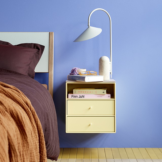 Montana Mini Module 1006 with Two Tray Drawers in blue bedroom setting with ferm LIVING Arum Table Lamp 