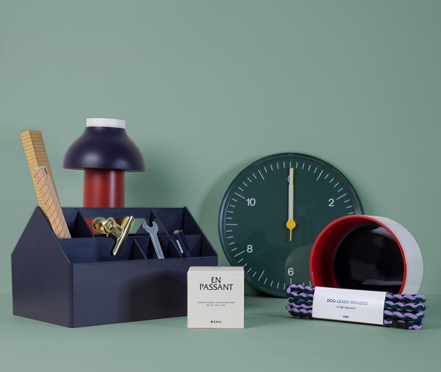 Normann Copenhagen Porta Portable Table Lamp with HAY Phaidon Book, Tint Glasswear  and Vitra Wooden Doll 18 with blue backdrop setting 