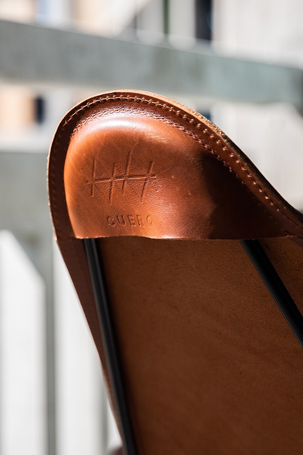 Detail of the leather on a Cuero Design Butterfly Chair