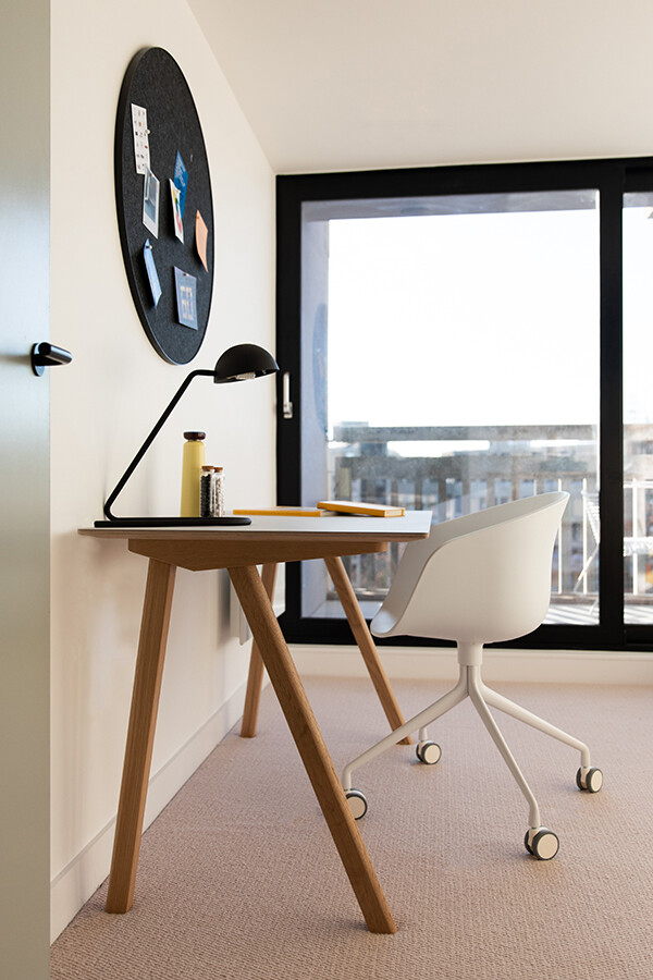 A home office setup inside the Park Hill show apartment