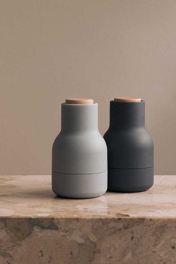 Set of 2 Audo Copenhagen Bottle Grinders small on marble worktop