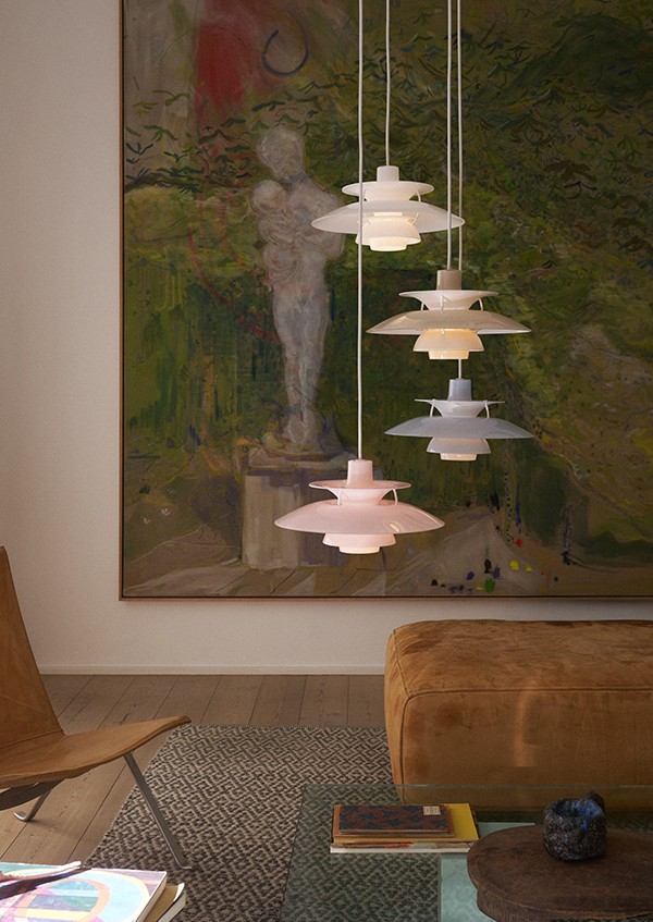 The PH 5 320 Opal Pendant Light displayed in all four colours hanging staggered within a living space
