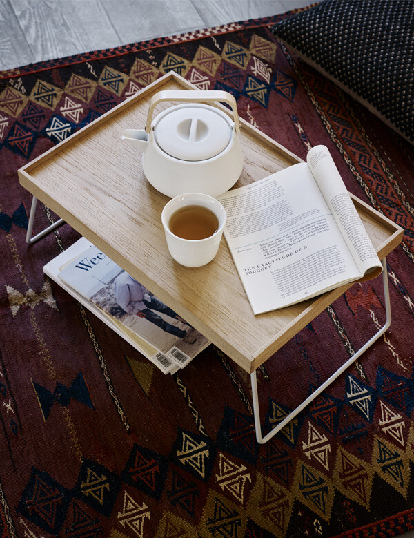 wooden Skagerak Nomad Table Tray with teapot and magazine