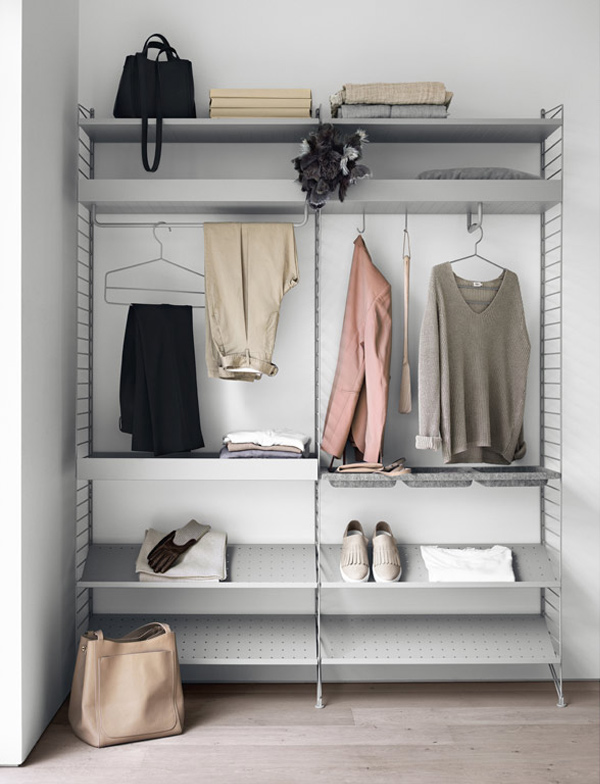 String Bedroom Shelving System Grey with clothes hanging