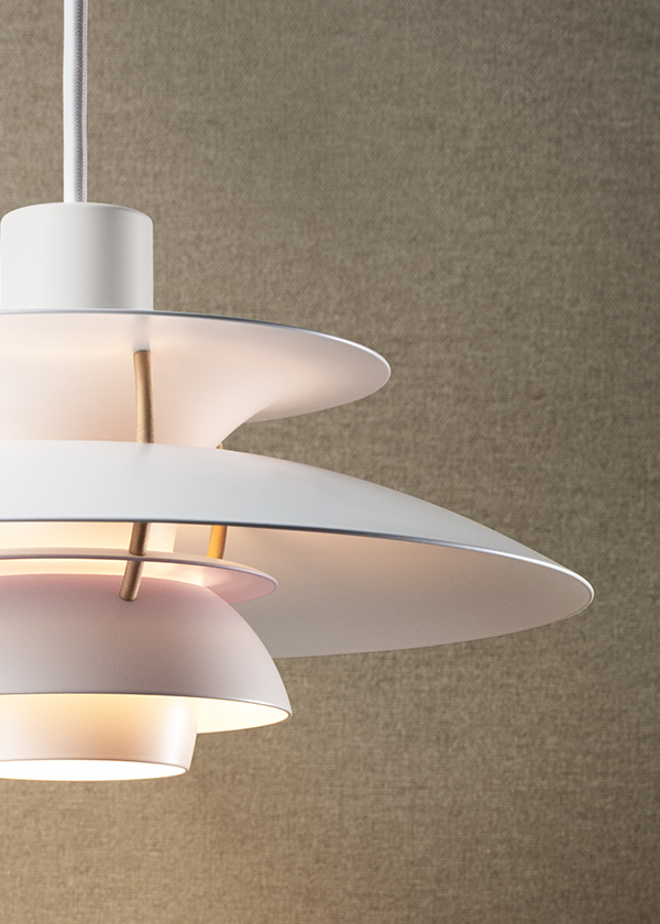 Detail shot of the Louis Poulsen PH5 Pendant in Modern White and Pale Rose