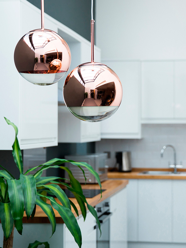 Set of 2 Tom Dixon Mirror Ball Pendant Lights Copper 25cm
