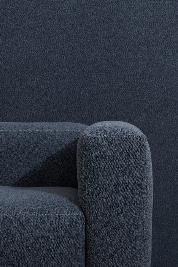 Close up pf Hay Mags Soft Sofa in Turf Fabric Blue Grey against same shade backdrop