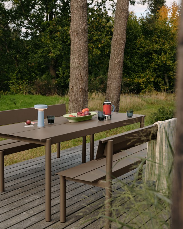 New to Nest - Muuto Linear Steel Bench with Backrest & Outdoor Table in new taupe finish