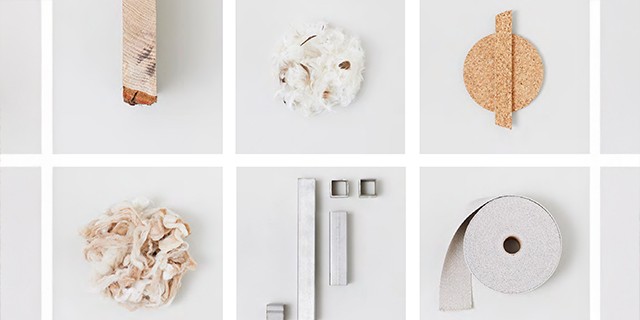 A six-panel grid showcasing raw furniture materials, including timber, feathers, cork, wool, metal, and fabric.