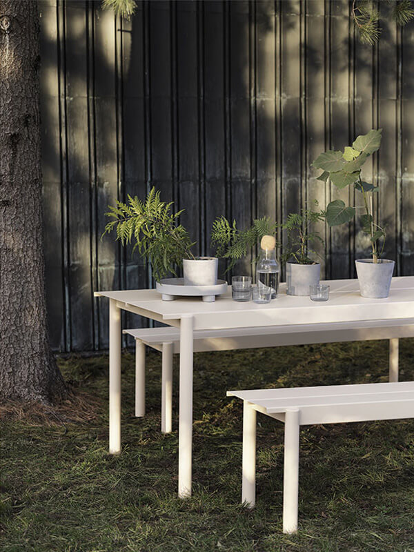Muuto Linear Steel Outdoor Table and Bench in white