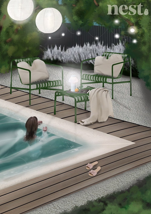 Digital painting of an outdoor scene with swimming pool and the hay palisade chairs