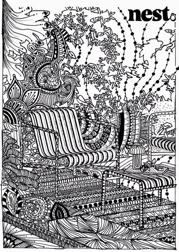 a hand drawn patterned outdoor scene in black and white